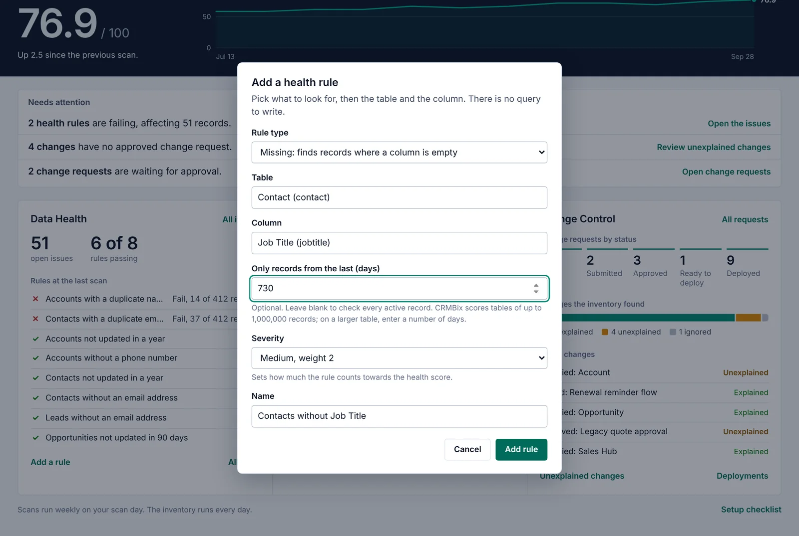 The Add a health rule box: Rule type set to Missing, Table set to Contact, Column set to Job Title, Severity Medium, and the Name filled in as Contacts without Job Title.